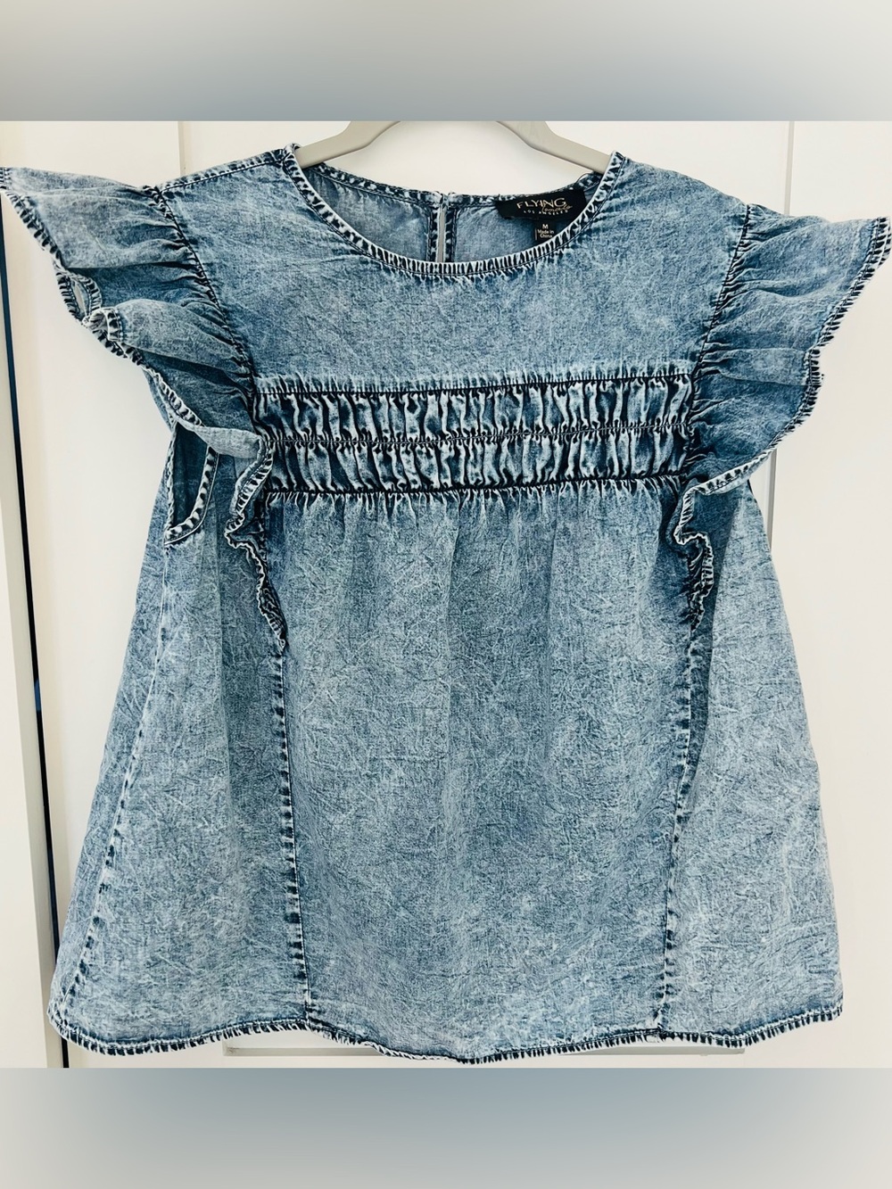 Flying Tomato Light Blue Washed Denim Ruffle Blouse NWOT